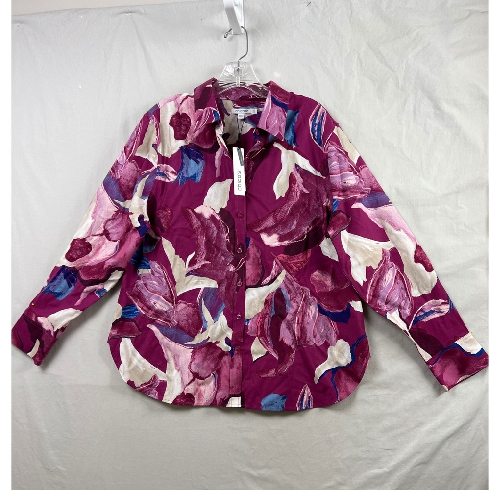 Chico's 2.5 No Iron Stretch Eclectic Bloom Shirt Women L/XL Magenta Floral NEW
